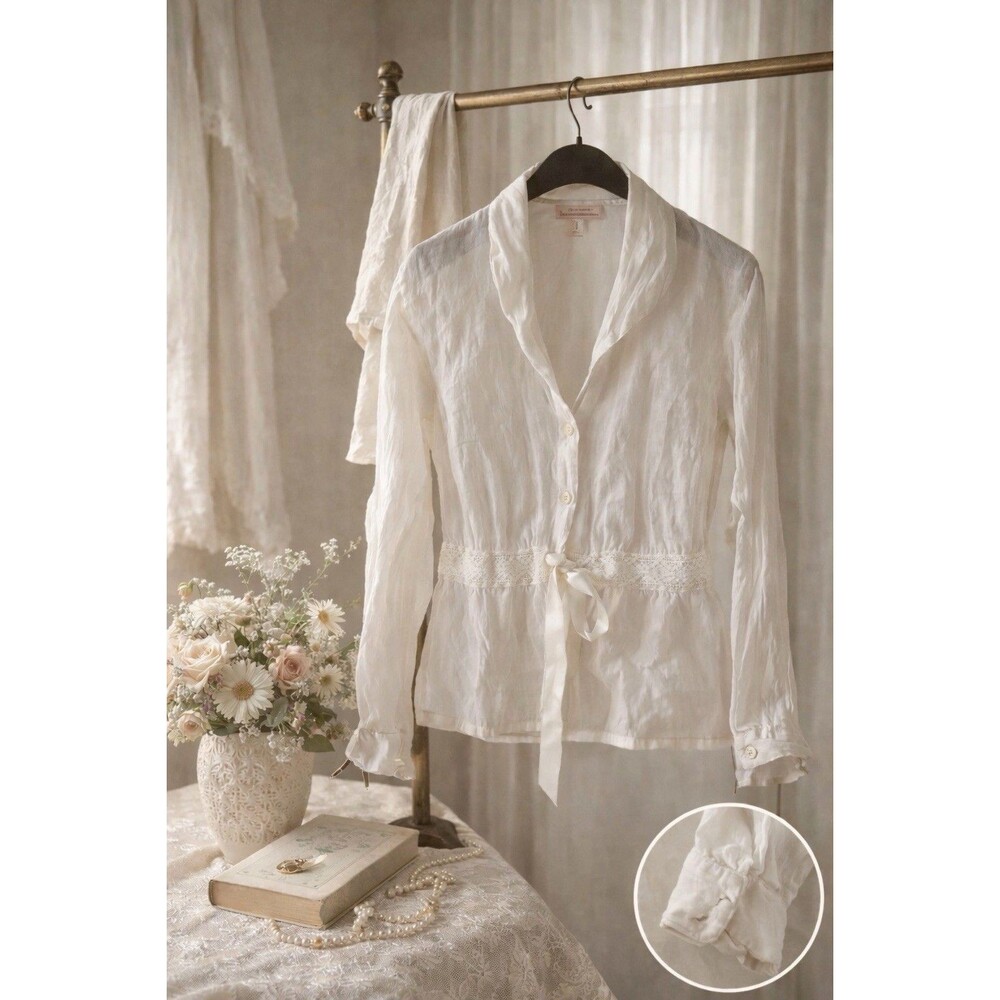 Whitewash 100% Cotton Lace Tie Waist Blouse Small Sheer LightweightRomanticChic
